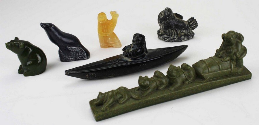 6 Inuit stone carvings & molded objects, various: 6 Inuit stone carvings & molded objects, various materials, hts & lengths 2.5” - 9”