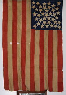 rare 1889 US 39 star flag (North Dakota), hand sewn: rare 1889 US 39 star flag (North Dakota), hand sewn cotton, old patch, repair, 68" x 55"