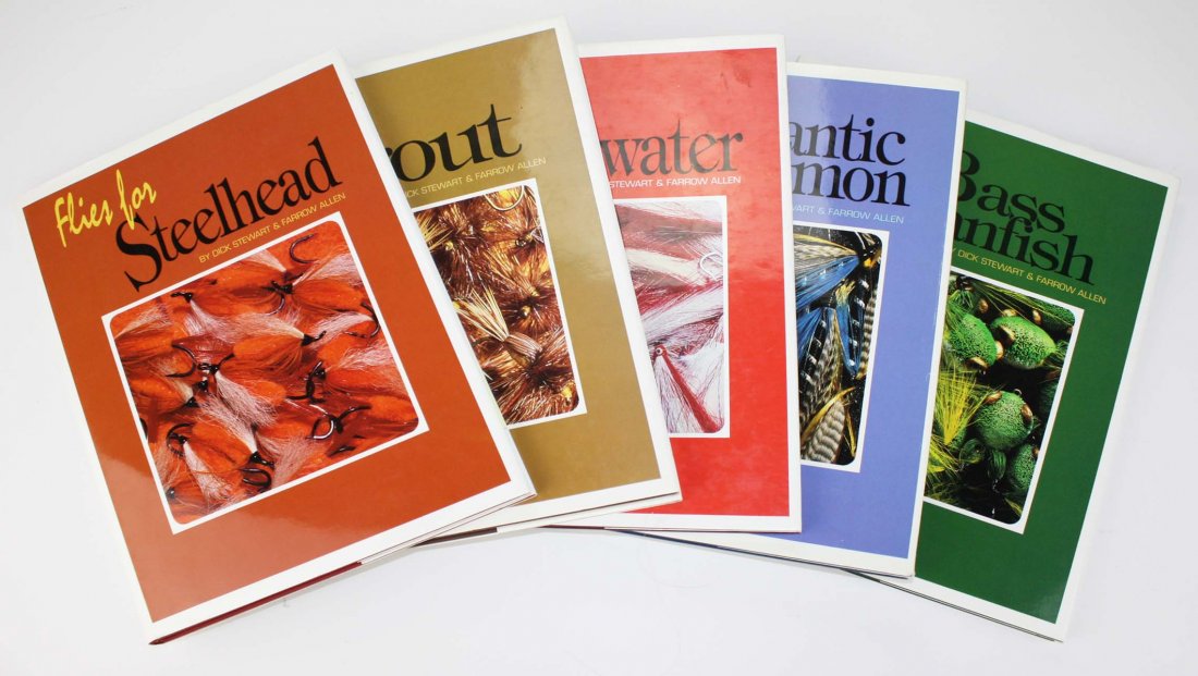 5 books on flies by Dick Stewart & Farrow Allen,: 5 books on flies by Dick Stewart & Farrow Allen, several inscribed by Dick Stewart to Jim Christman, Steelhead, Trout, Salmon, Saltwater, & Bass
