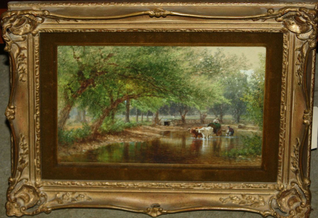 Albert Fitch Bellows (American 1829-1883) Oxen Fording: Albert Fitch Bellows (American 1829-1883) Oxen Fording a river watercolor and gouache 9 x 13" signed lower left