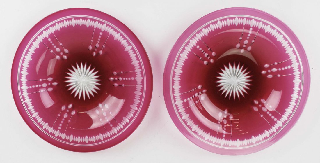 9 cut to clear cranberry glass dessert plates, possibly: 9 cut to clear cranberry glass dessert plates, possibly Pairpoint 8.25" dia -several with rim nicks