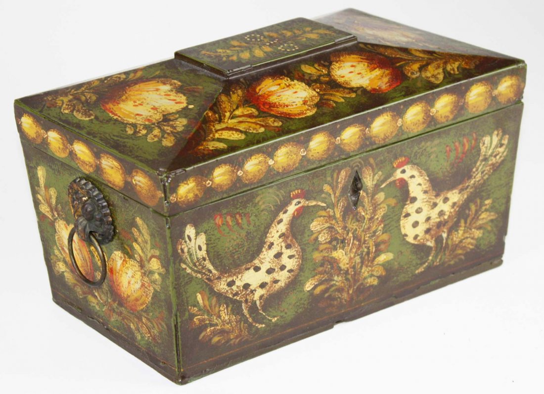 Peter Ompir paint decorated tea box with 2 chickens, (1 of 4)