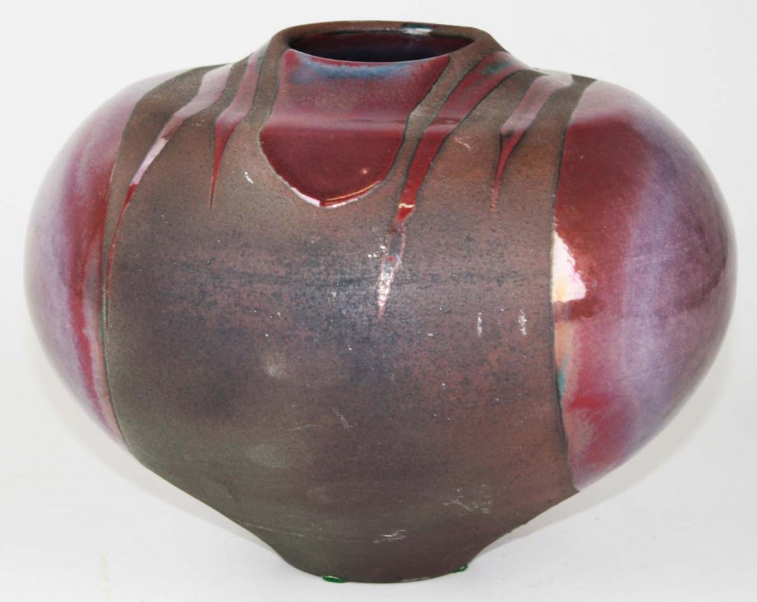 Tony Evans (1942- 2009) Raku brutalist studio pottery: Tony Evans (1942- 2009) Raku brutalist studio pottery flambe glazed pot, # 157, dia 9.5”, ht 7”