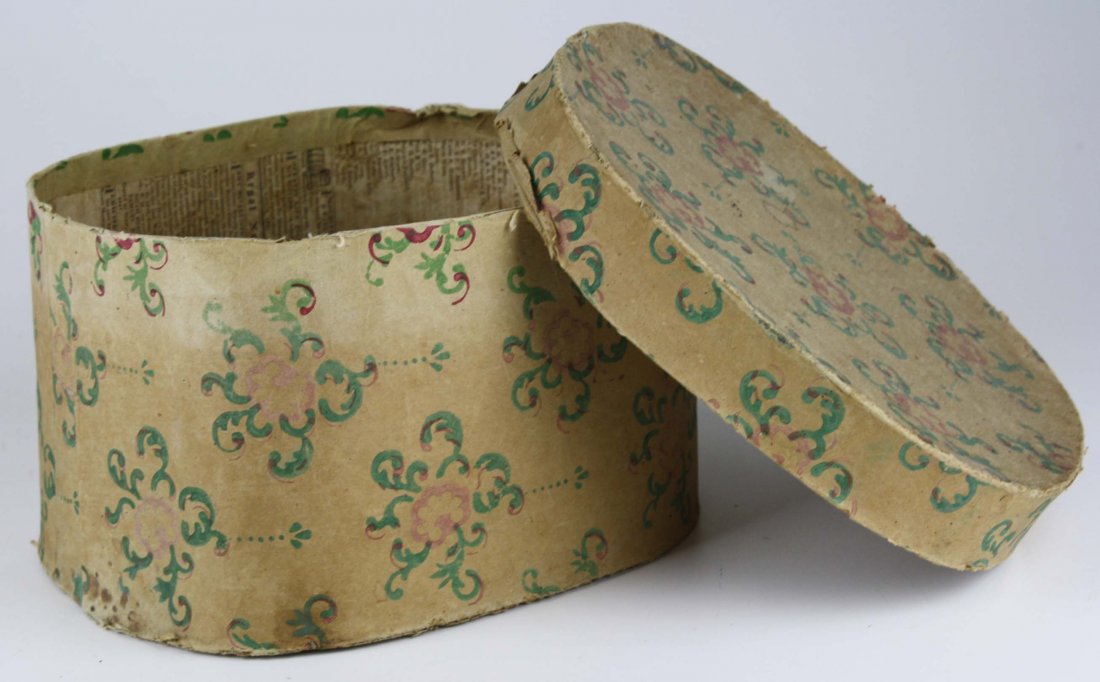 mid 19th c wallpapered hat box lined with 1841 (1 of 5)