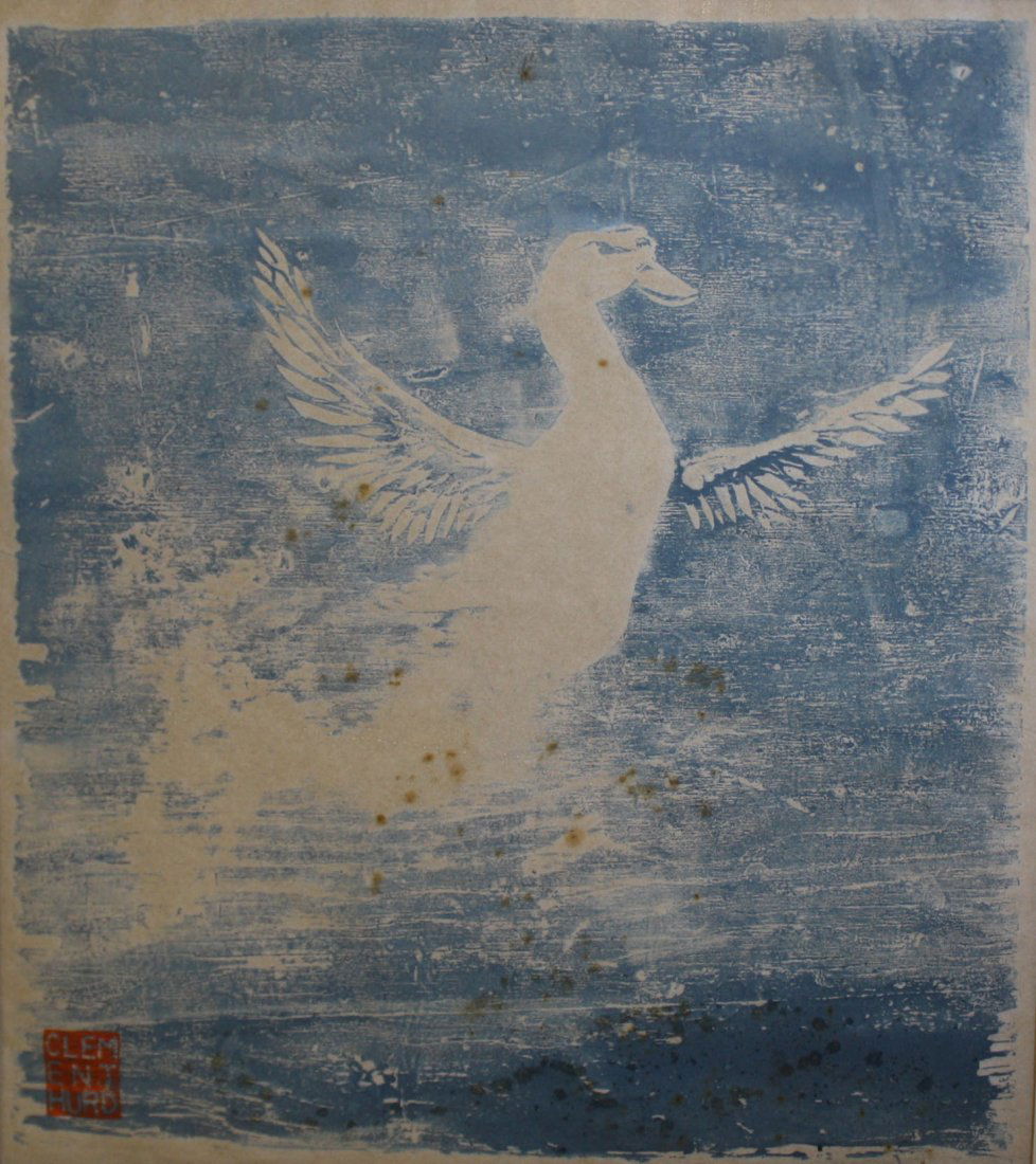 Clement Hurd (American 1908-1988) Swan spreading its: Clement Hurd (American 1908-1988) Swan spreading its wings woodblock print signed in plate-12 x 12" Hurd is the Illustrator of Goodnight Moon and Run Away Bunny.