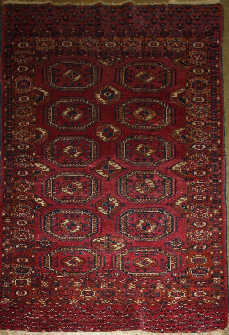 early 20th c Tekke area rug with 2 rows of 6 guls, with (1 of 3)