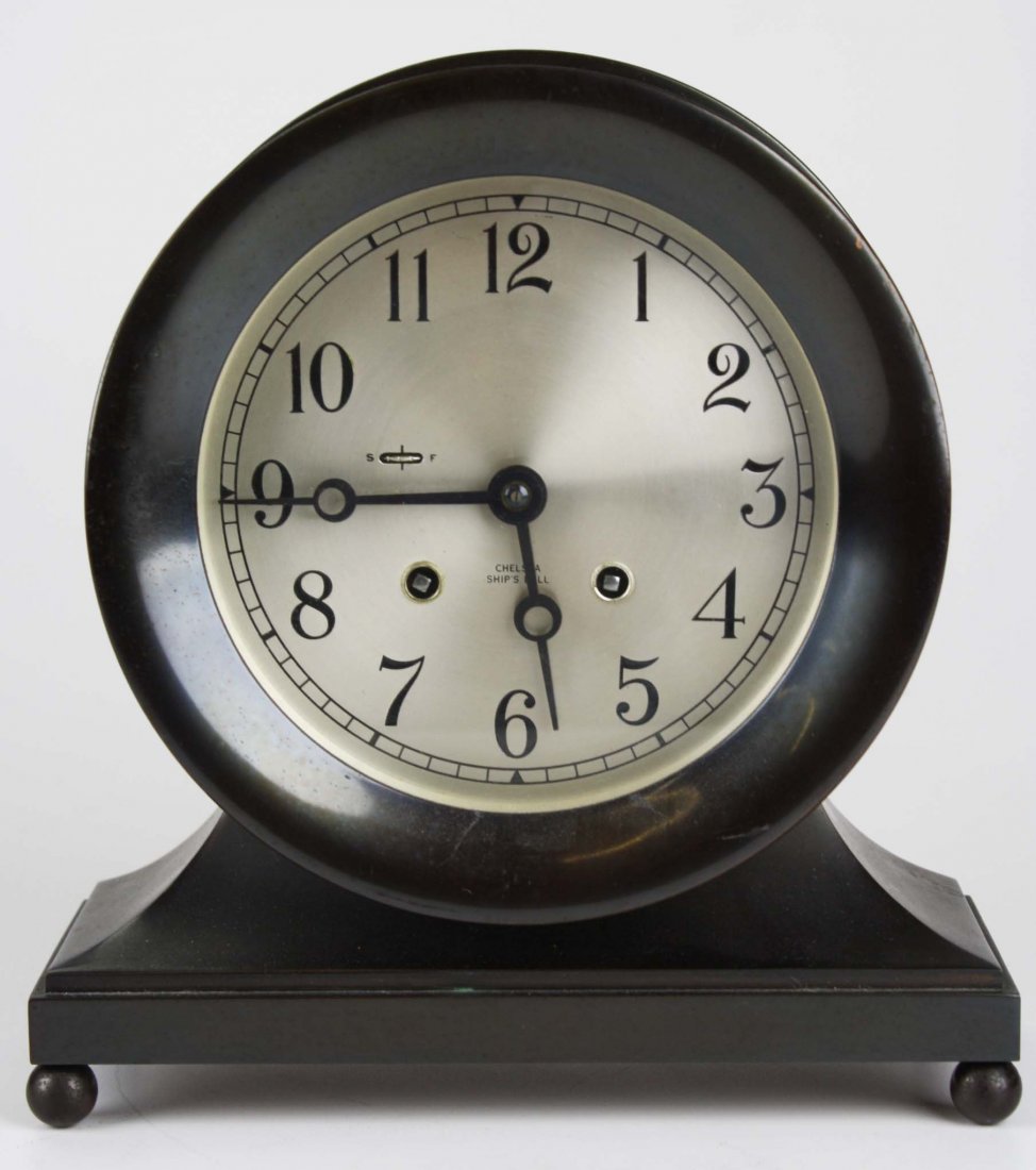 Chelsea ship's bell shelf clock, ingraved inscription,: Chelsea ship's bell shelf clock, ingraved inscription, ht 9”