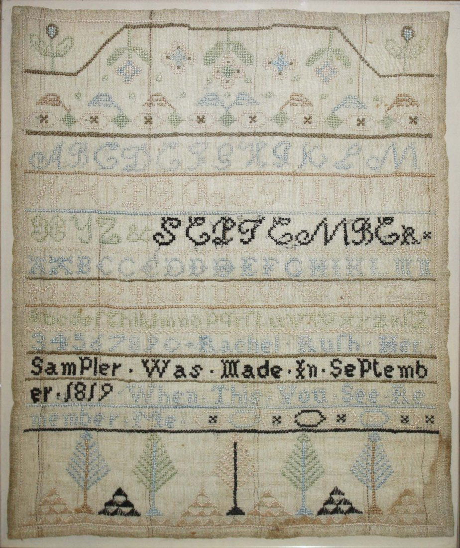 early 19th c schoolgirl sampler “Rachel Rush her (1 of 2)
