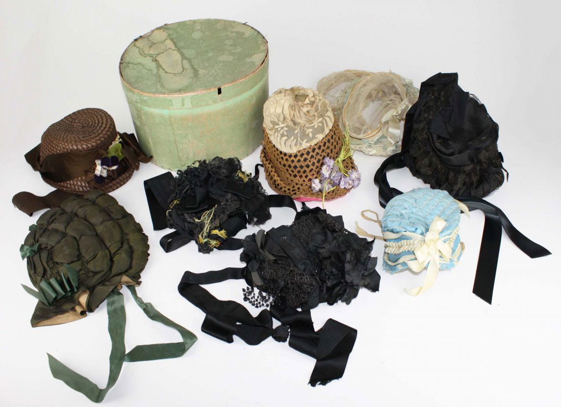 mid 19th c wallpaper hat box & 8 hats, from an old (1 of 1)