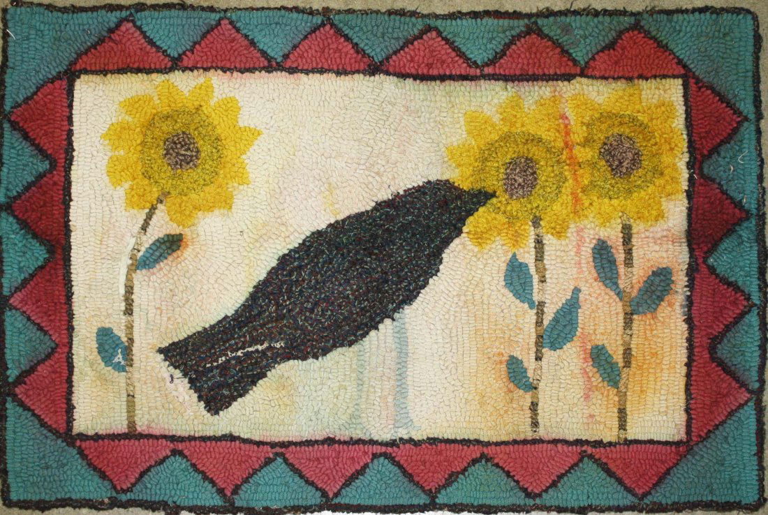 20th c hooked rug with crow & sunflowers, 19” x 27” (1 of 2)