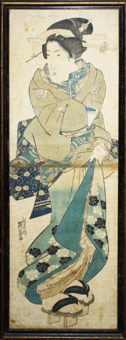 19th c Japanese ukiyo-e woodblock print signed Keisai: 19th c Japanese ukiyo-e woodblock print signed Keisai Eisen (1790- 1848), 2 sheet, 28” x 9.5” 19th c Japanese ukiyo-e woodblock print signed Keisai Eisen (1790- 1848), 2 sheet, 28” x 9.5” 19th