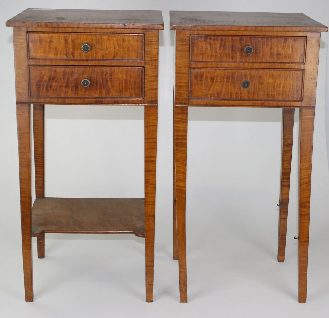 pr of 19th c Hepplewhite curly maple 2 drawer stands,: pr of 19th c Hepplewhite curly maple 2 drawer stands, one missing lower shelf. 14"w top 28"h.