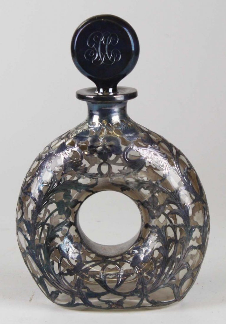 Victorian all-over sterling silver overlay ring form: Victorian all-over sterling silver overlay ring form novelty decanter engraved "1904" 9.5" x 6"