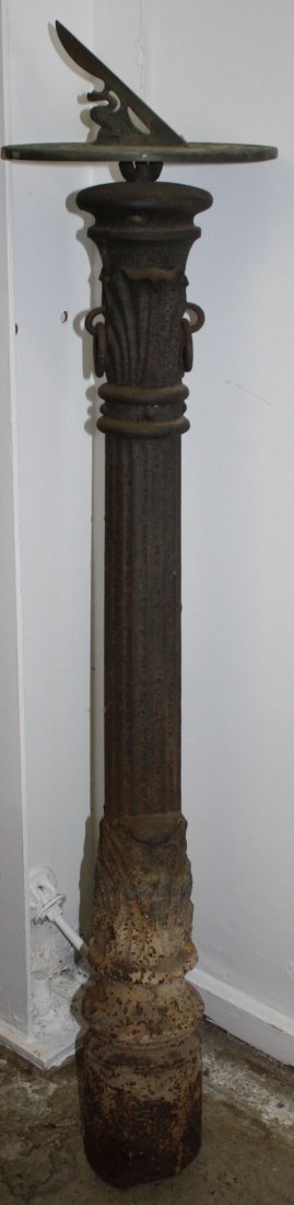 19th c cast iron hitching post w/ brass sundial: 19th c cast iron hitching post w/ brass sundial attached to top, cast iron ht 42”, overall ht 48”19th c cast iron hitching post w/ brass sundial attached to top, cast iron ht 42”, overall ht 48�
