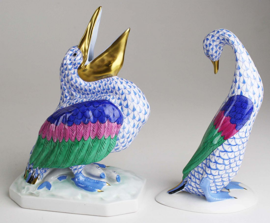 two large Herend porcelain blue fishnet dec animal: two large Herend porcelain blue fishnet dec animal figures, “Pelican with Fish" and "The Goose That Laid the Golden Egg" 8.5" x 6", 7.5" x 5"