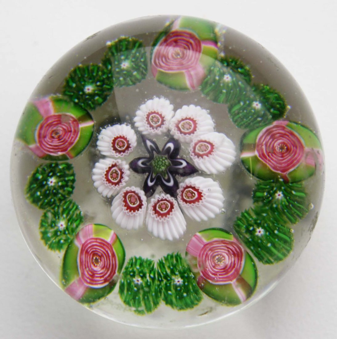 Clichy five rose art glass paperweight with 6 point: Clichy five rose art glass paperweight with 6 point star center 1.75" dia- some surface nicks