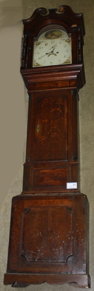 Grandfather clock, oak and banded mahogany, arch broken: Grandfather clock, oak and banded mahogany, arch broken top, restored base, brass movement, iron painted dial reclining female, dial signed Layborn Driffield. 84"h.