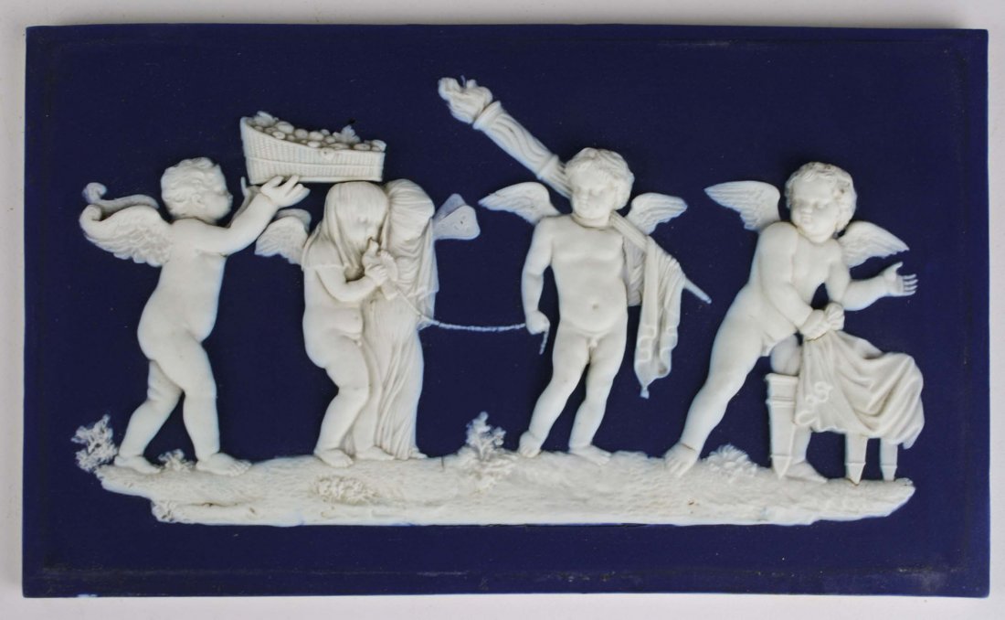 Wedgwood dark blue Jasperware bas relief plaque of: Wedgwood dark blue Jasperware bas relief plaque of cherub frieze 5.5" x 9.25"