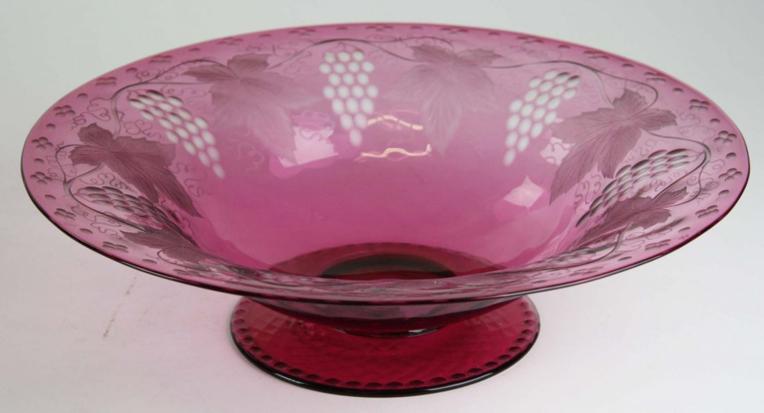 large Pairpoint cranberry glass cut to clear footed: large Pairpoint cranberry glass cut to clear footed centerpiece bowl with etched grape and leaf dec 4" x 14"