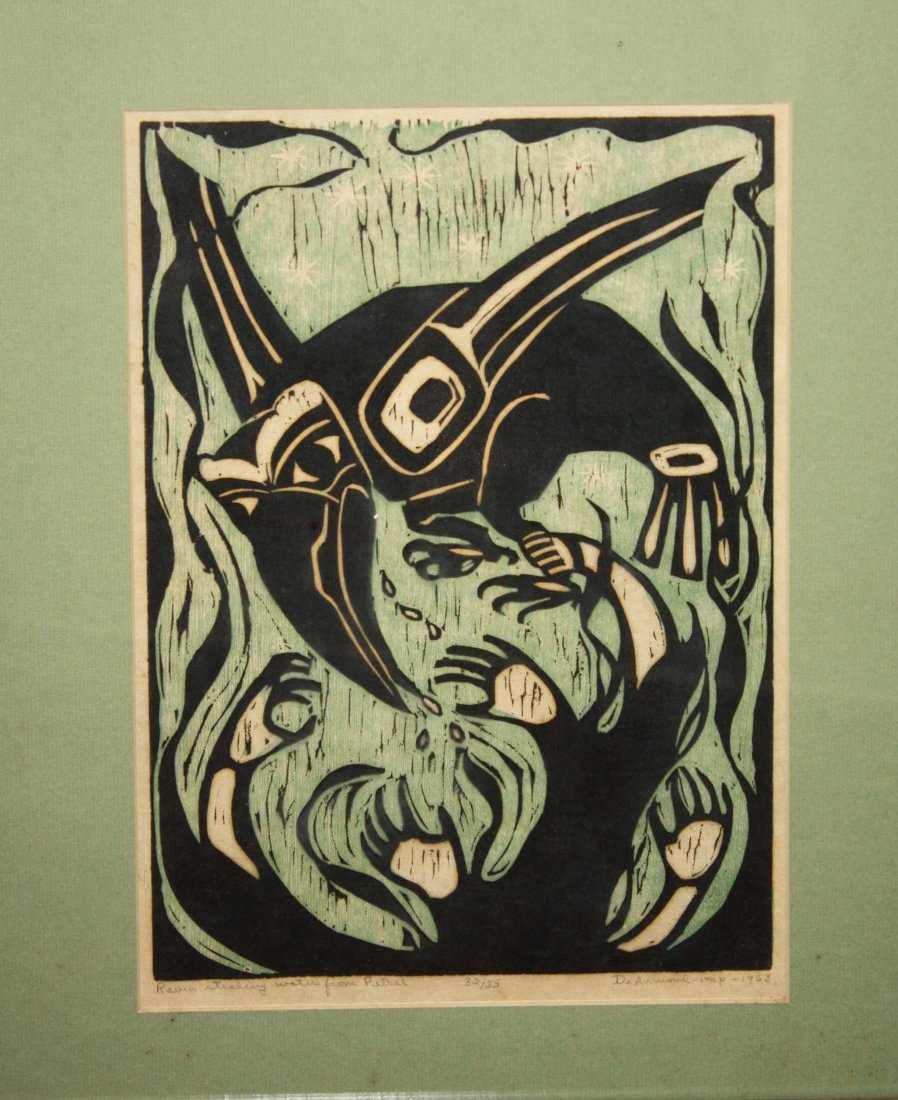 1963 Dale De Armand (Juneau, Alaska) ltd & #'d: 1963 Dale De Armand (Juneau, Alaska) ltd & #'d woodblock print “Raven Stealing Water from Petrel”, 15” x 10”