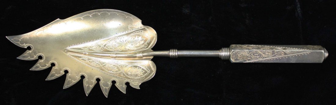 Gorham macaroni (or fried oyster) server. Engraved,: Gorham macaroni (or fried oyster) server. Engraved, gold washed, monogrammed.