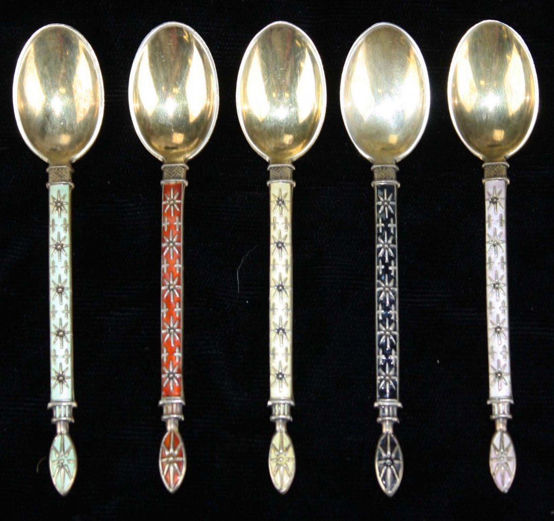 Jacob Tostrup of Norway gold washed sterling enamel: Jacob Tostrup of Norway gold washed sterling enamel demitasse spoons with star pattern. 3?"l. 5 pcs.