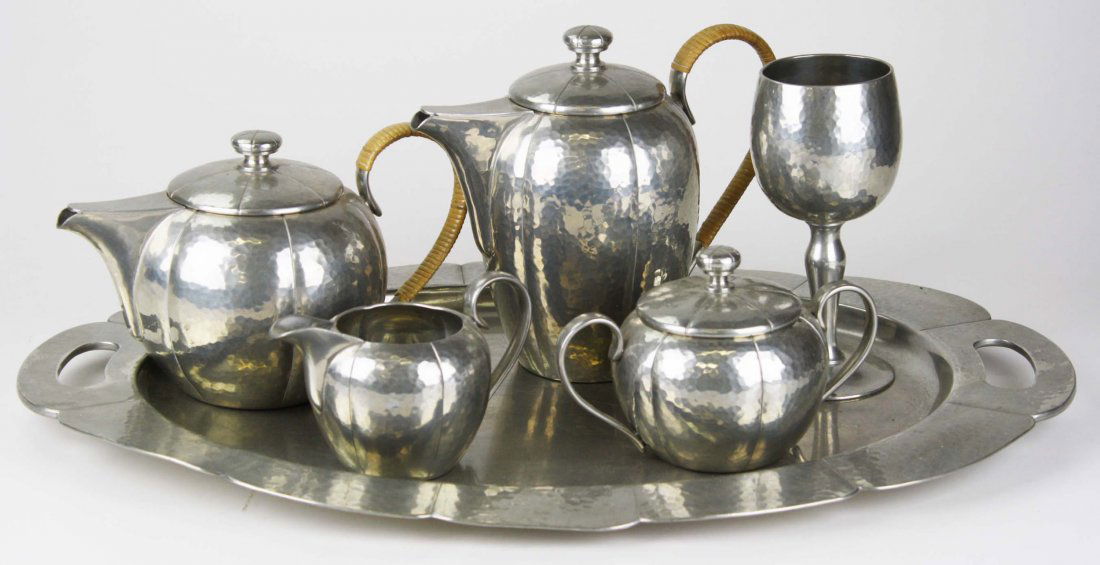 6 pc Porter Blanchard hand hammered Colonial pewter tea: 6 pc Porter Blanchard hand hammered Colonial pewter tea set with tray, length