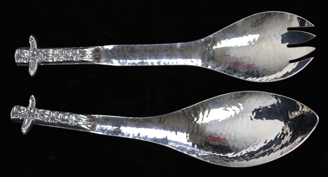 Jefferies & Co (British Columbia) Native American totem: Jefferies & Co (British Columbia) Native American totem motif hammered E.P. Copper salad serving set.