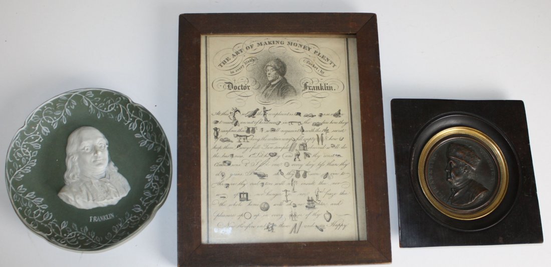 Dr Franklin print, medal, & jasperware plaque: Dr Franklin print, medal, & jasperware plaque