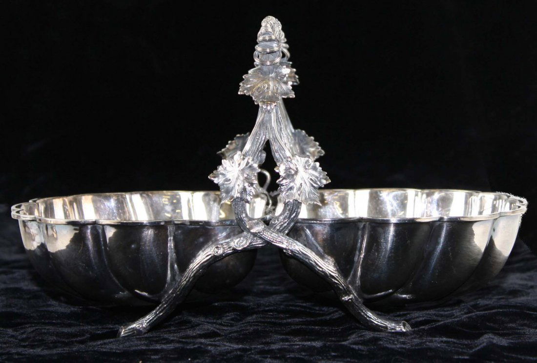 Mappin & Webb's Prince's Plate serving basket with two: Mappin & Webb's Prince's Plate serving basket with two shell shaped bowls, twig form frame handle and decorative leaves. 7"h 11½"l
