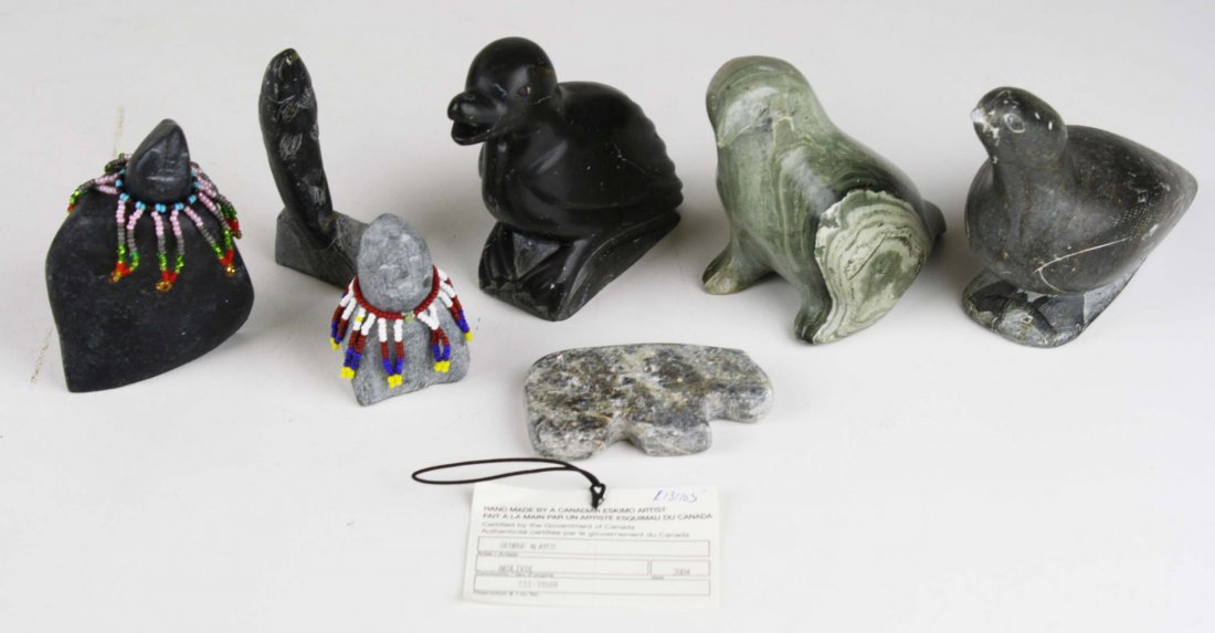 7 Inuit soapstone birds & fetishes, hts 2.5” to 4”: 7 Inuit soapstone birds & fetishes, hts 2.5” to 4”