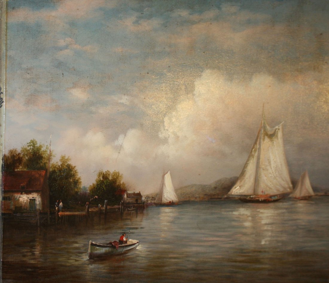20th c o/c of lake with sail boats 18 x 24": 20th c o/c of lake with sail boats 18 x 24"