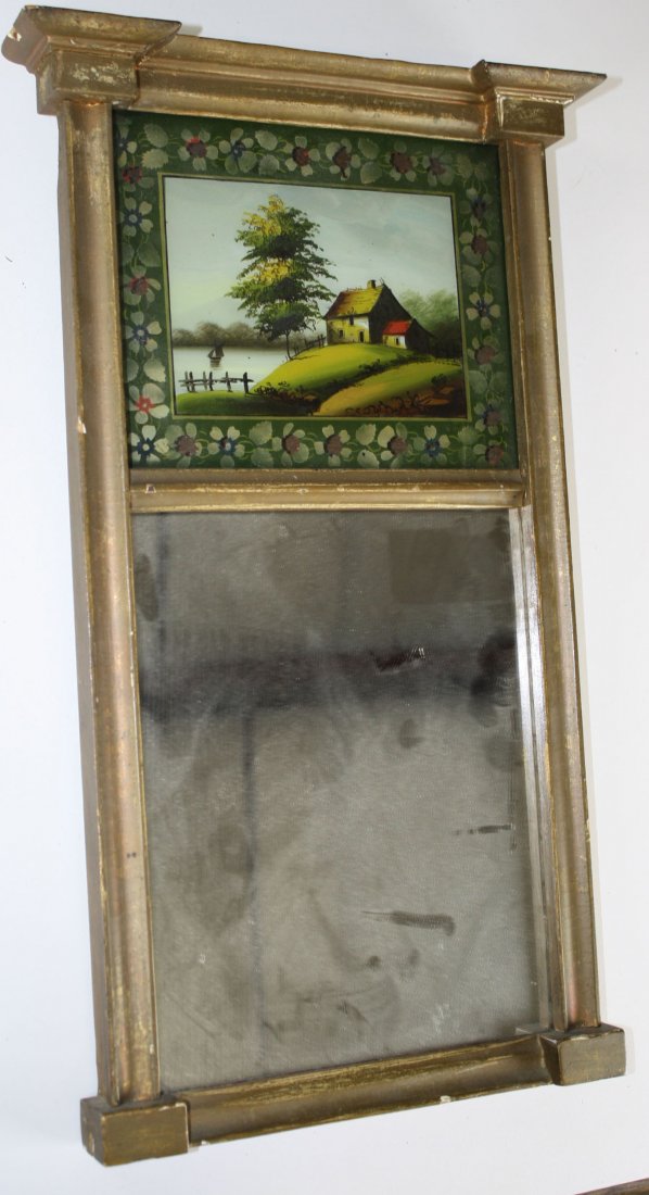 Sheraton split panel mirror with Hudson River School: Sheraton split panel mirror with Hudson River School scene, 19.5” x 12”