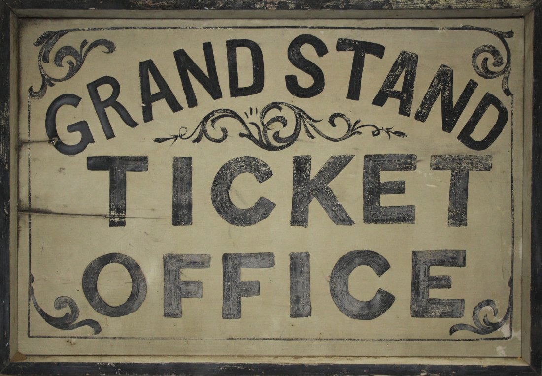 19th c "Grand Stand Ticket Office" Painted wood sign. (1 of 4)