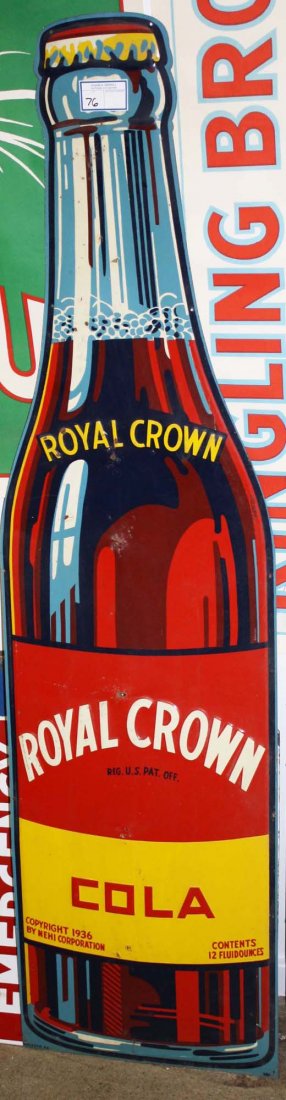 Tin embossed sign "Royal Crown Cola" soda bottle form: Tin embossed sign "Royal Crown Cola" soda bottle form sign. Ca 1936. Nail holds, losses. 58" x 16"