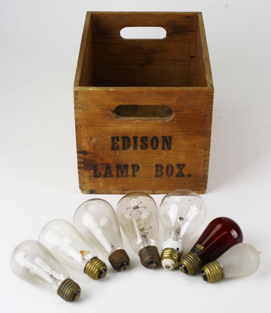 Edison lamp box wooden crate & seven vintage lightbulbs (1 of 3)