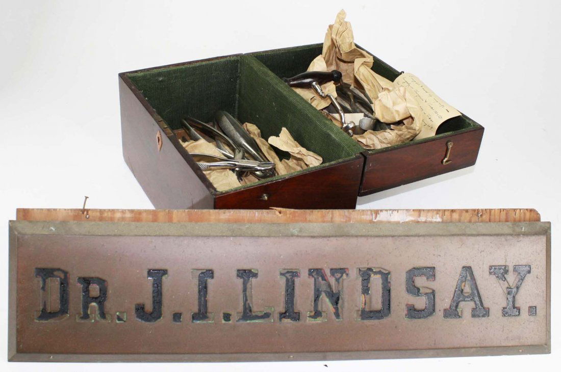 late 1800's Dr J I Lindsay Dentist sign & dental tools (1 of 4)