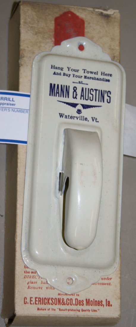 Mann & Austin Waterville, VT new old stock advertising: Mann & Austin Waterville, VT new old stock advertising towel clip in original box, ht 7.5”