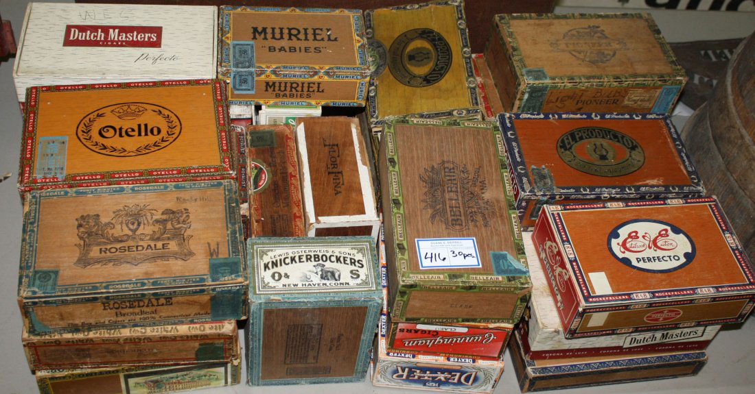lot of 30 vintage wood and cardboard cigar boxes: lot of 30 vintage wood and cardboard cigar boxes