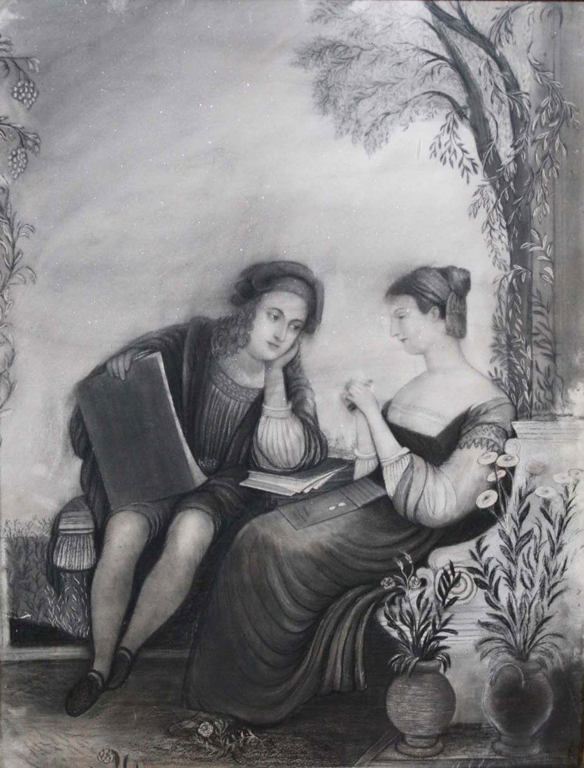 mid 19th c black & white sandpaper picture, 18.5” x (1 of 2)