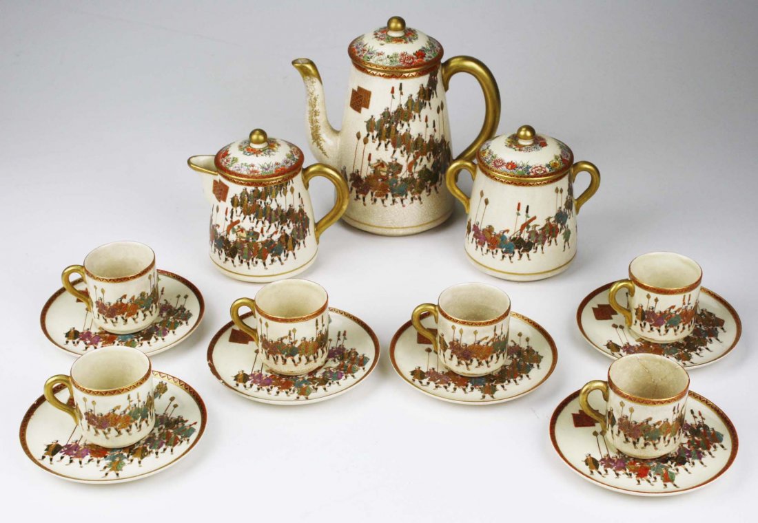 late 19th c Satsuma “47 Ronin” demitasse tea set, 15 (1 of 3)