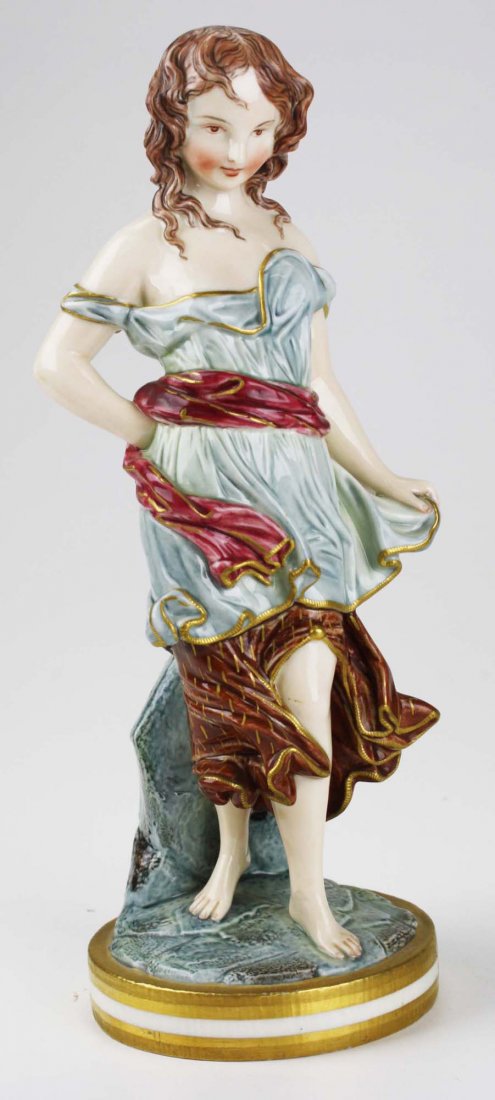 Royal Worcester ca. 1870 "Against the Wind" polychome: Royal Worcester ca. 1870 "Against the Wind" polychome glaze female figure 11" x 4"-small nick on rear base