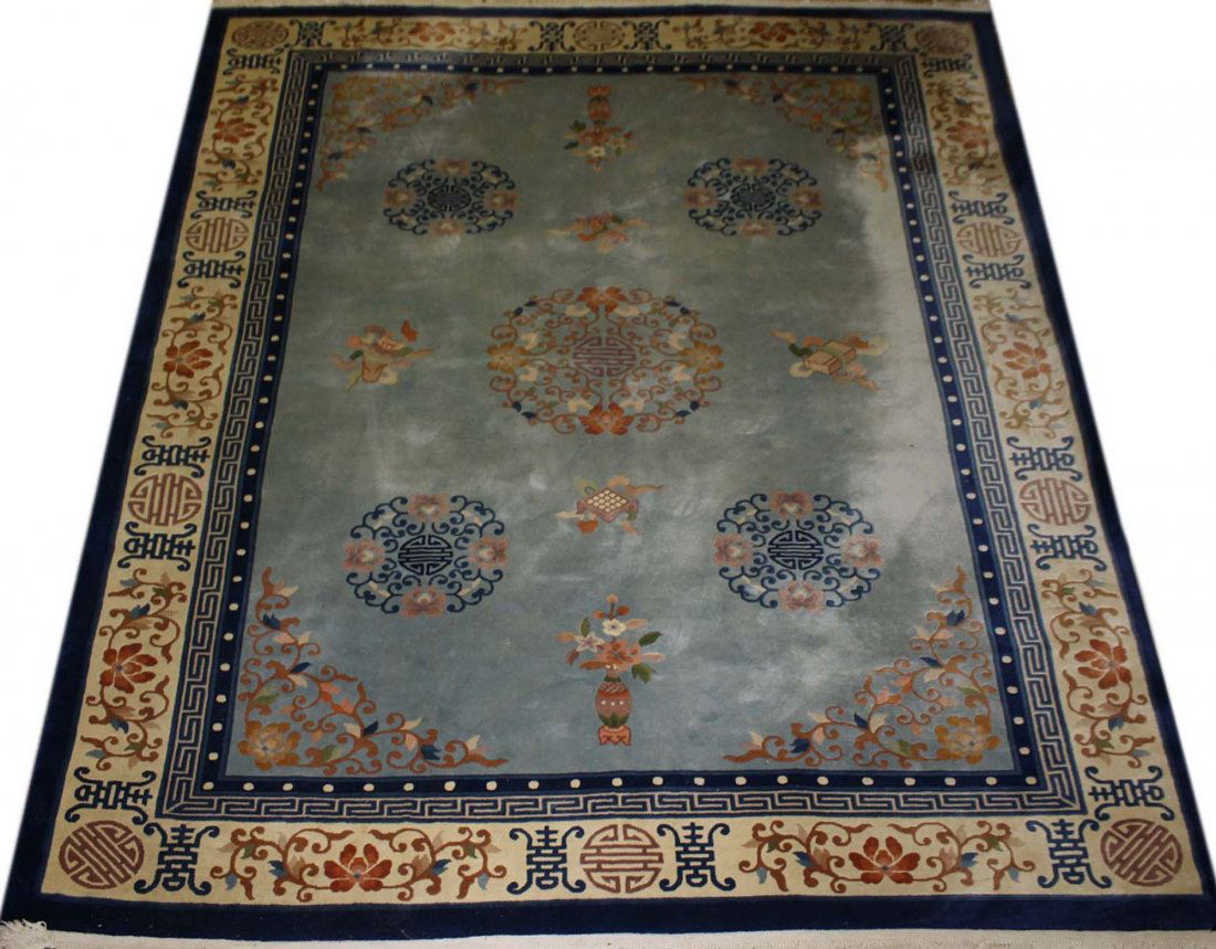late 20th c Chinese main carpet, sculpted blue & white (1 of 3)
