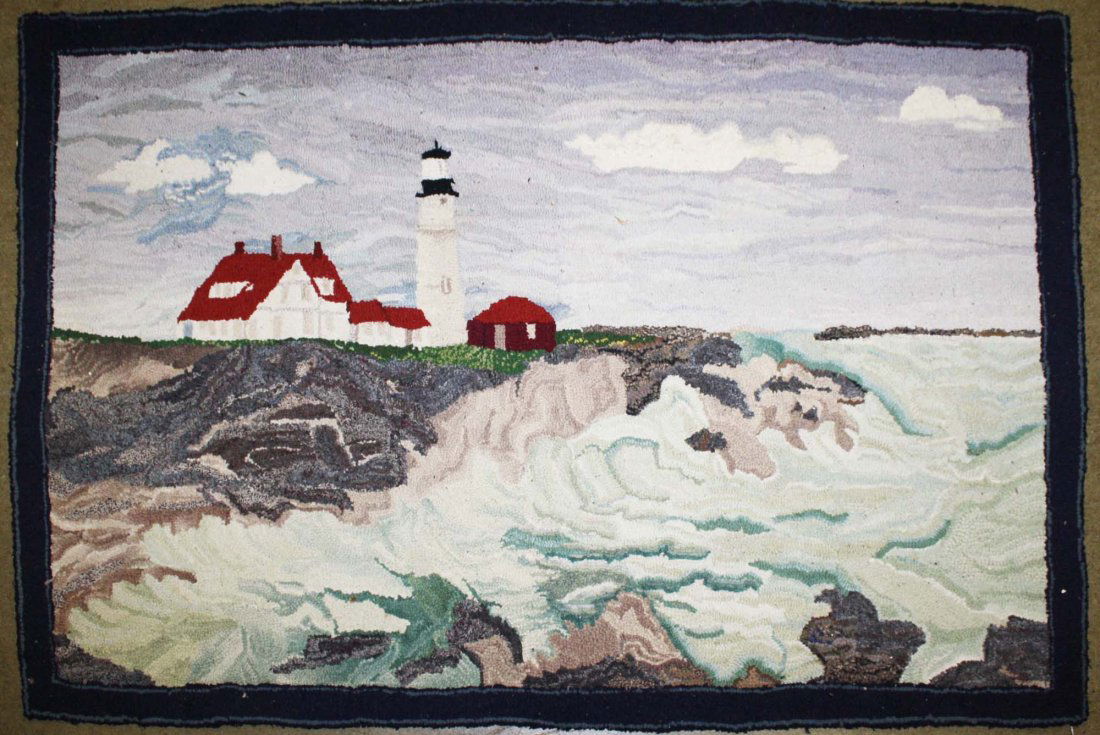late 19th c hooked rug with New England light house (1 of 2)