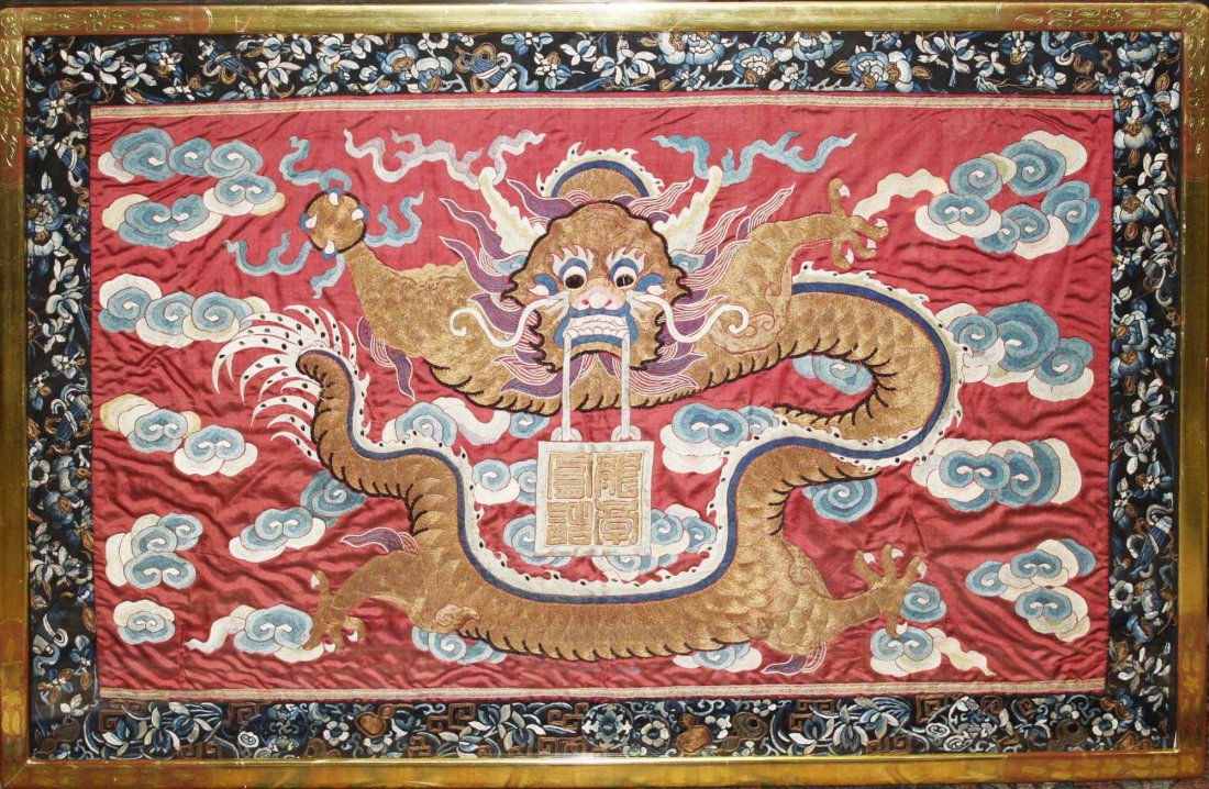 early 20th c Chinese dragon embroidery on silk in gilt (1 of 1)