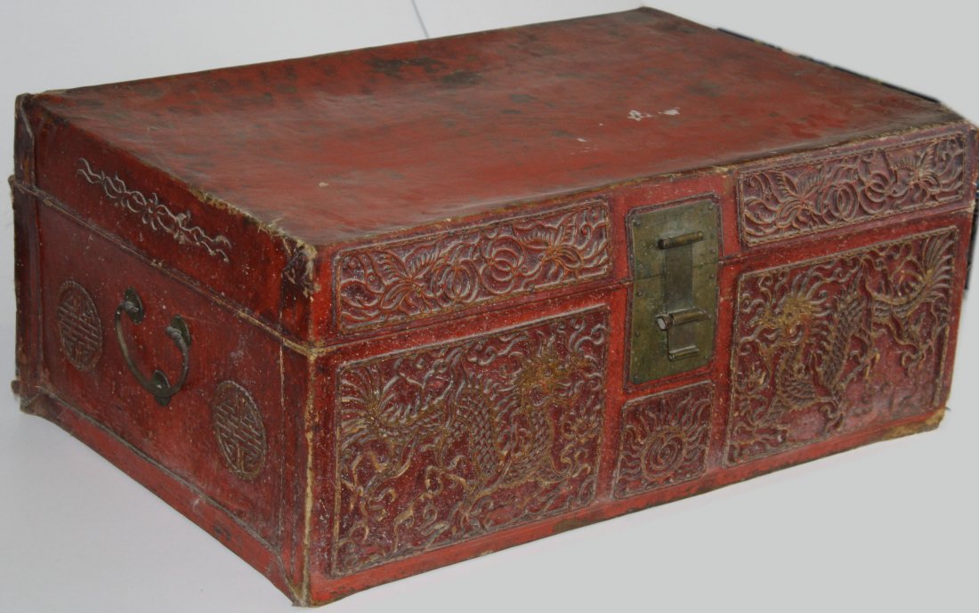 19th century red leather Chinese trunk with impressed 4 (1 of 3)