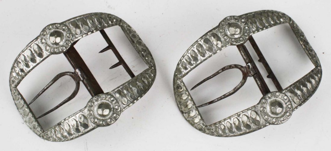pr of late 18th c pewter shoe buckles descending in the: pr of late 18th c pewter shoe buckles descending in the Dole family (Elizabeth Dole Durfee's family- Newbury & New Bedford, MA)