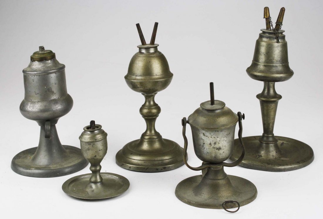 5 pcs of early 19th c lighting including whale oil &: 5 pcs of early 19th c lighting including whale oil & camphene, one with trunion frame, & small sparking whale oil lamp signed Putnam