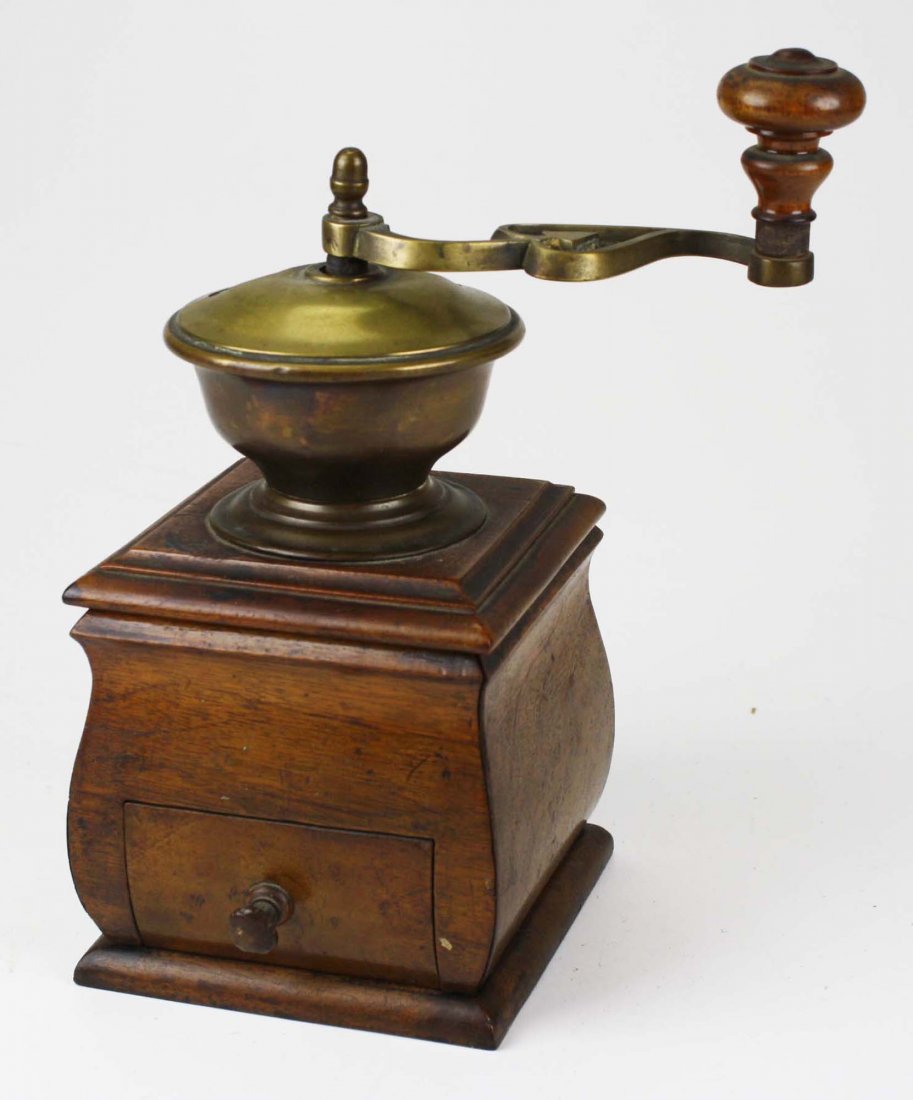 early 19th c brass & mahogany coffee grinder with hand (1 of 6)