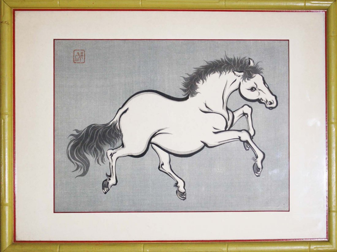 pr of mid 20th c Chinese prints of horses, 9 3/4” x 14 (1 of 2)